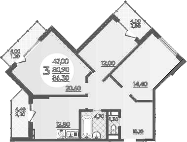 3-комн., 80.6 м², 14/22 этаж, ЖК «Парк у дома»