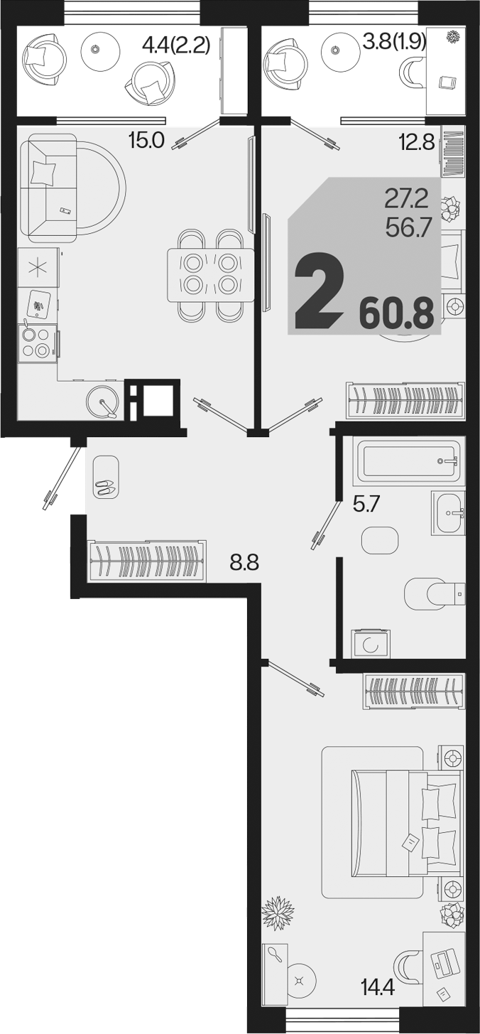 2-комн., 56.7 м², 2/9 этаж, ЖК «Первое место»