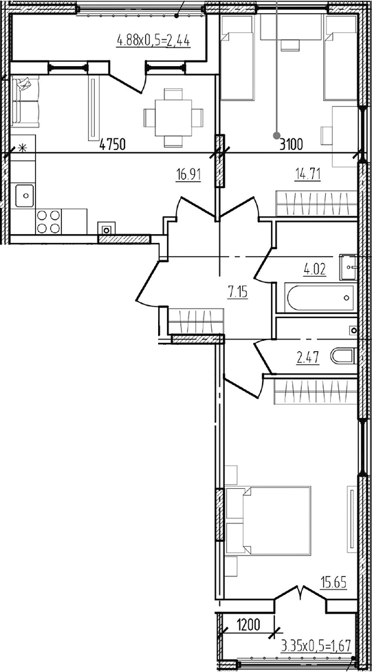 2-комн., 60.91 м², 2/9 этаж, ЖК «Моренуар»