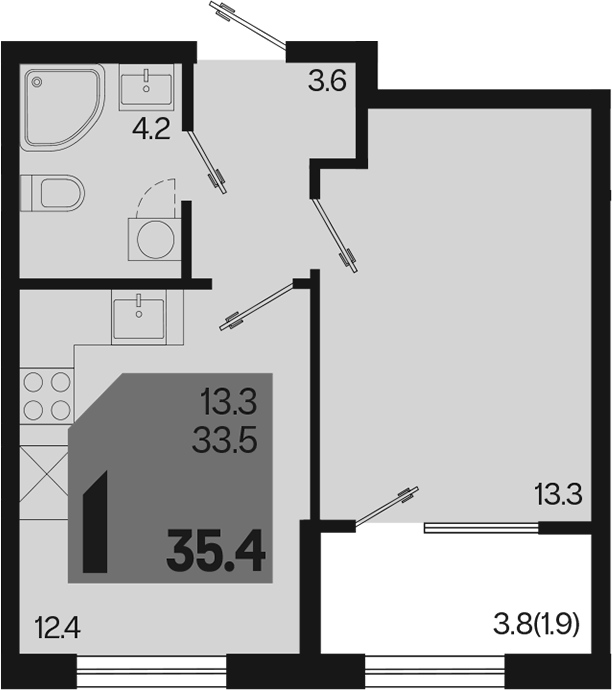 1-комн., 33.5 м², 2/9 этаж, ЖК «Первое место»