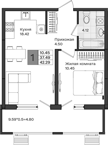 1-комн., 37.49 м², 2/8 этаж, ЖК «МОНО квартал»