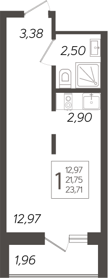 Студия, 21.75 м², 19/19 этаж, ЖК «Кислород»