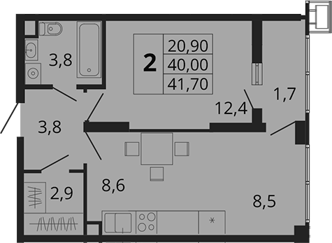 2-комн., 40 м², 18/18 этаж, ЖК «Родные Просторы»