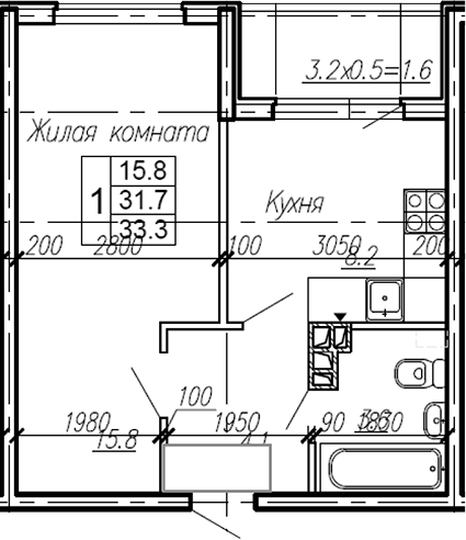 1-комн., 31.7 м², 1/4 этаж, ЖК «Эво»