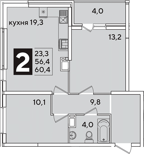 3-комн., 56.4 м², 12/16 этаж, ЖК «Самолет»