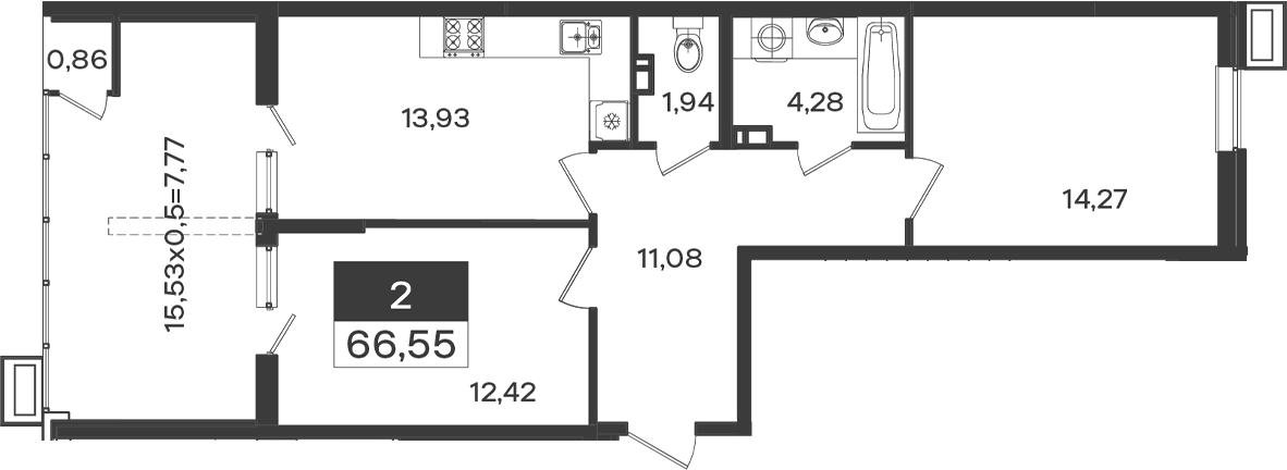 Продается 2-комн. квартира, 57.92 м²
