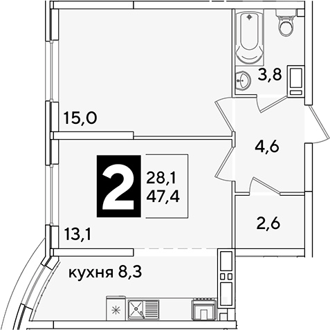 Продается 2-комн. квартира, 47.4 м²