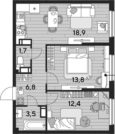 2-комн., 57 м², 11/16 этаж, ЖК «DОГМА ПАРК»