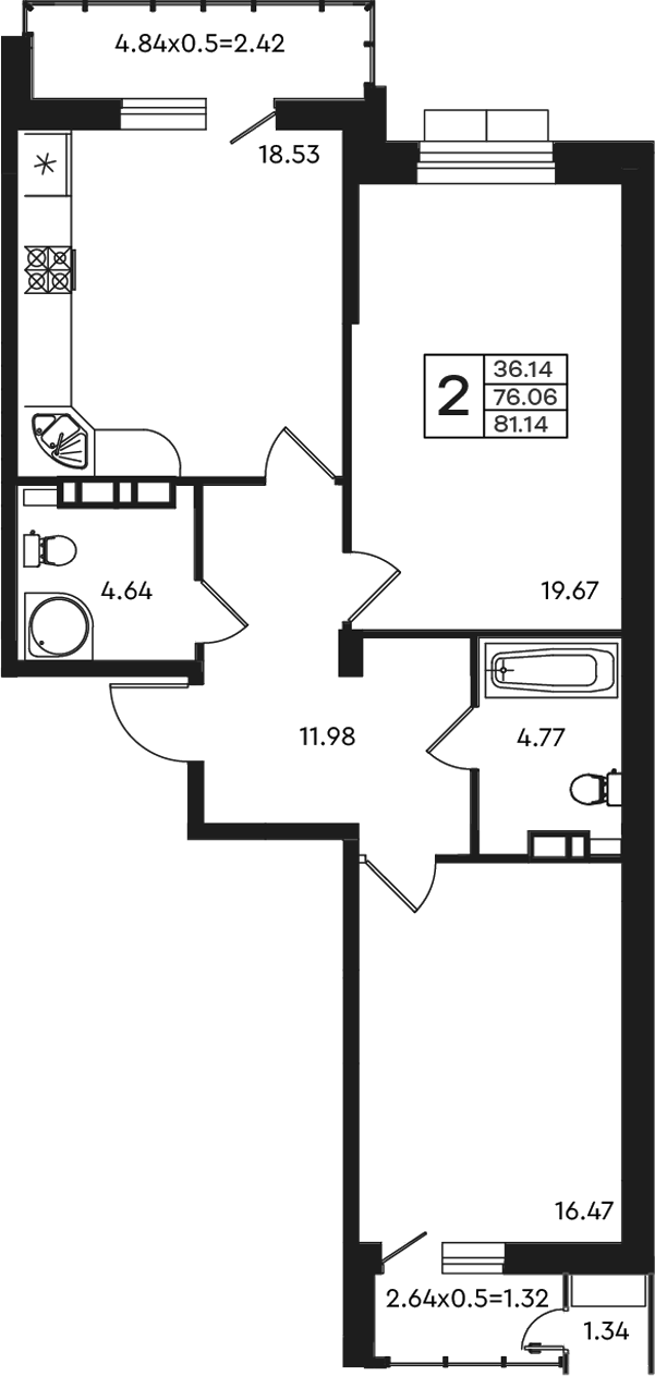2-комн., 76.06 м², 3/10 этаж, ЖК «Эндемик»