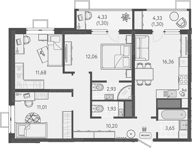 3-комн., 69.82 м², 3/18 этаж, ЖК «Теплые края»