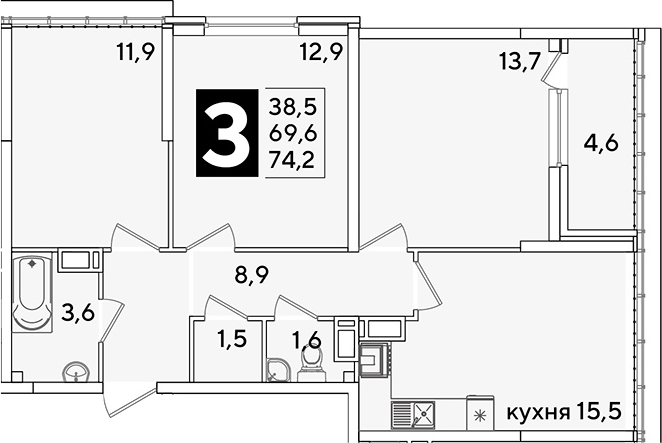 4+ комнаты, 69.6 м², 16/16 этаж, ЖК «Самолет»
