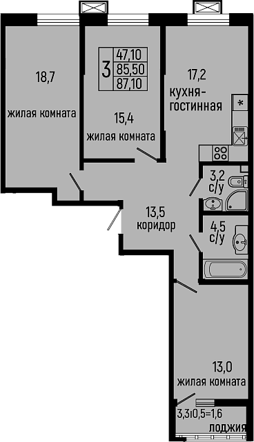 3-комн., 85.5 м², 2/11 этаж, ЖК «Звезды»