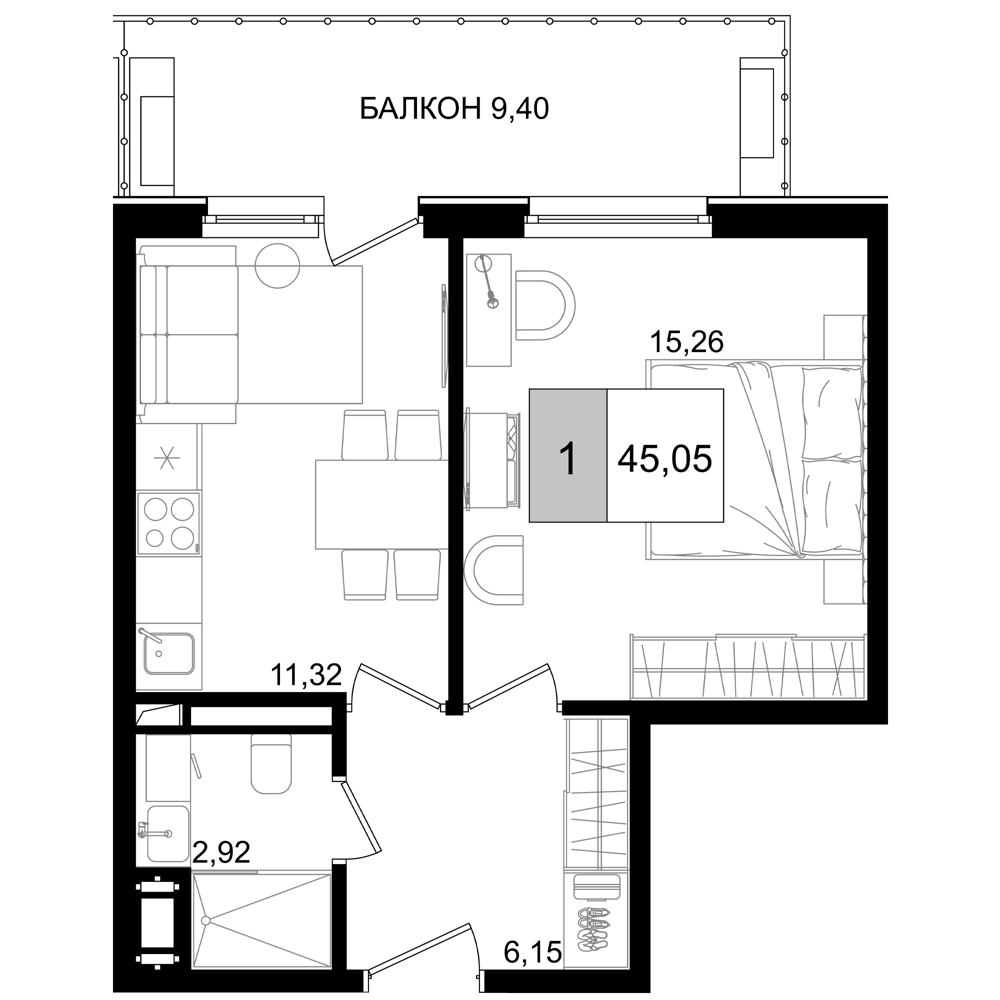 2-комн., 35.65 м², 2/8 этаж, ЖК «IT гостиничный комплекс Корсаков»