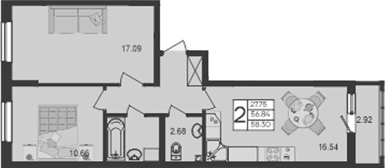 Продается 2-комн. квартира, 56.84 м²