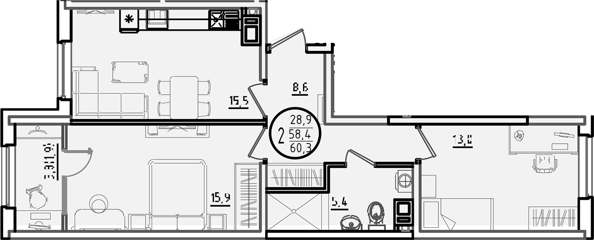 2-комн., 58.4 м², 8/9 этаж, ЖК «Первое место»