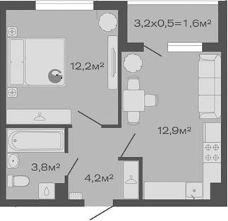 1-комн., 33.1 м², 4/4 этаж, ЖК «Дзенпарк»
