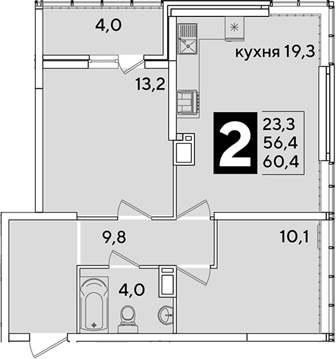 3-комн., 56.4 м², 15/16 этаж, ЖК «Самолет»