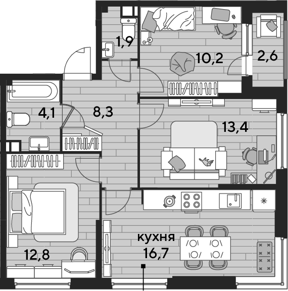 3-комн., 67.4 м², 7/16 этаж, ЖК «DОГМА ПАРК»