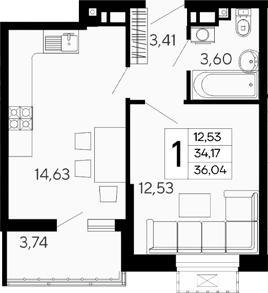 1-комн., 34.17 м², 9/16 этаж, ЖК «Эпос»