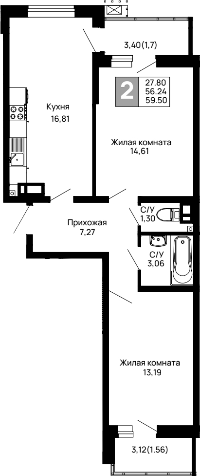 Продается 2-комн. квартира, 56.24 м²