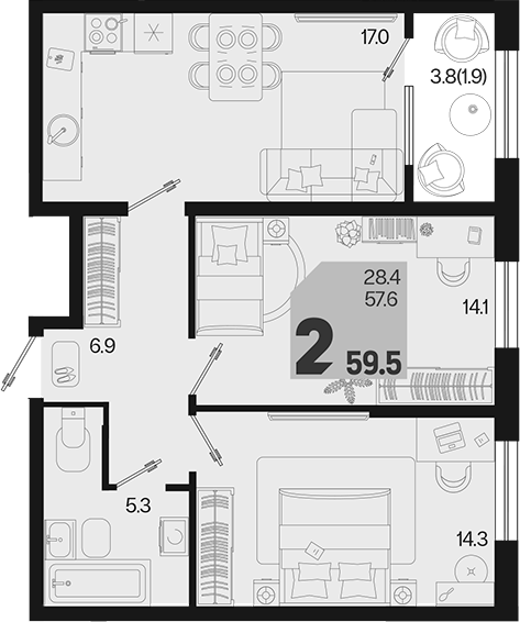 Продается 2-комн. квартира, 57.6 м²