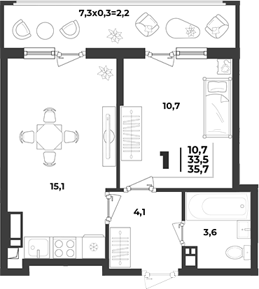 1-комн., 33.5 м², 2/9 этаж, ЖК «Лето»