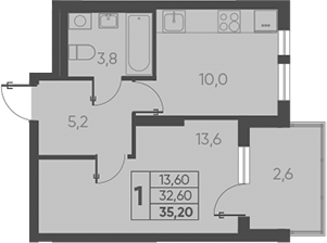 1-комн., 32.6 м², 12/15 этаж, ЖК «Барса»