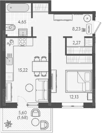 1-комн., 42.45 м², 1/9 этаж, ЖК «Теплые края»