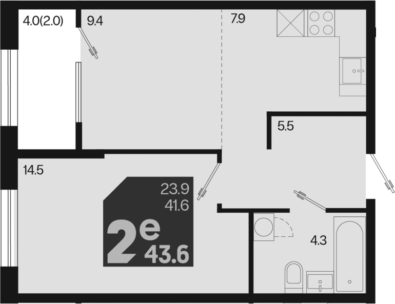 2-комн., 41.6 м², 2/9 этаж, ЖК «Первое место»