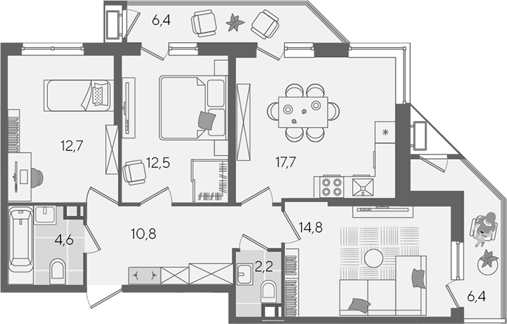 4+ комнаты, 75.3 м², 4/24 этаж, ЖК «Рекорд»