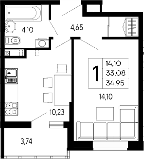 1-комн., 33.08 м², 2/16 этаж, ЖК «Эпос»