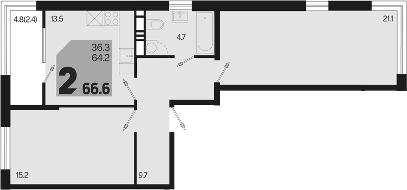 2-комн., 64.2 м², 9/18 этаж, ЖК «Первое место»