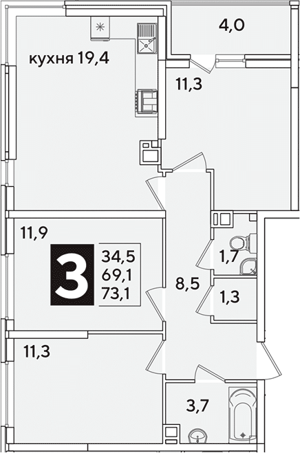 4+ комнаты, 69.1 м², 4/16 этаж, ЖК «Самолет»