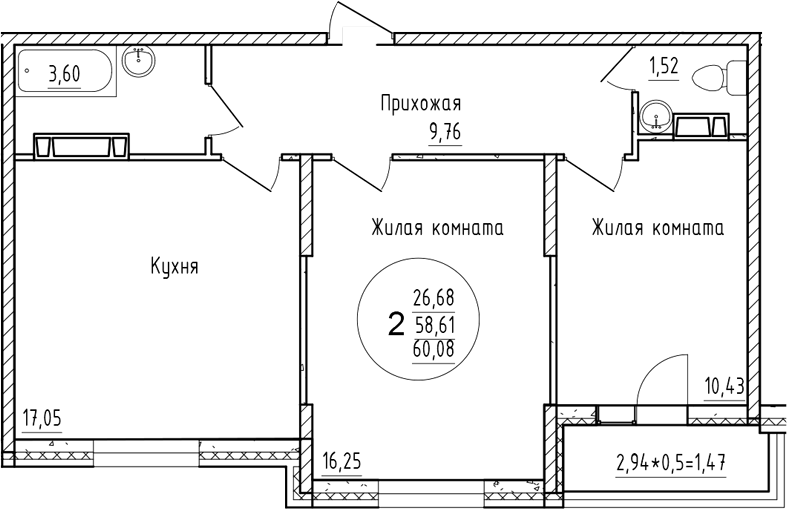 2-комн., 58.61 м², 2/16 этаж, ЖК «Друг»