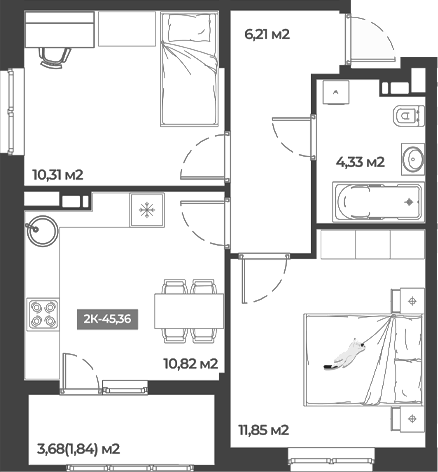 2-комн., 43.52 м², 4/5 этаж, ЖК «Соловей»