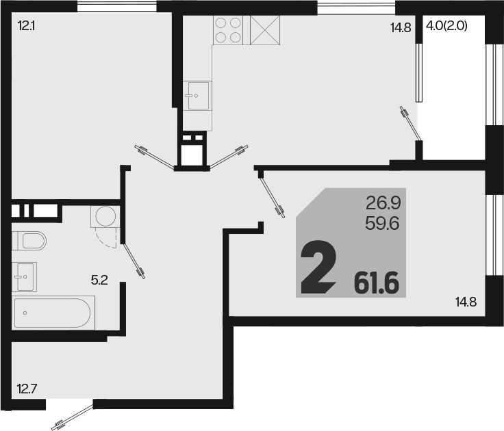 2-комн., 59.6 м², 8/18 этаж, ЖК «Первое место»