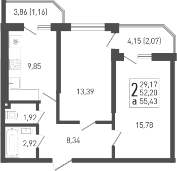 2-комн., 53.49 м², 2/22 этаж, ЖК «ЖК «Кубанская Крепость»»