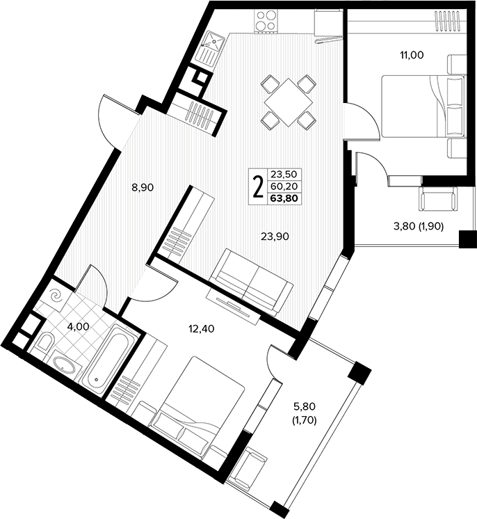 Продается 2-комн. квартира, 60.2 м²