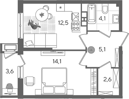 1-комн., 38.4 м², 3/24 этаж, ЖК «Рекорд»