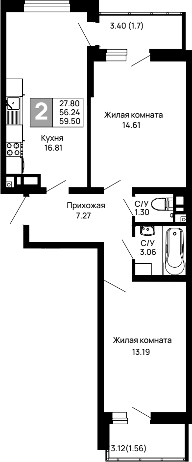 2-комн., 56.24 м², 9/14 этаж, ЖК «Долина»