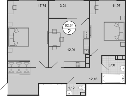 2-комн., 59.4 м², 6/9 этаж, ЖК «Событие»