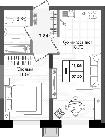 2-комн., 37.56 м², 6/9 этаж, ЖК «Зеленая территория»
