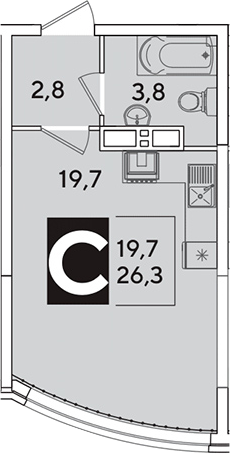 Студия, 26.3 м², 10/16 этаж, ЖК «Самолет»
