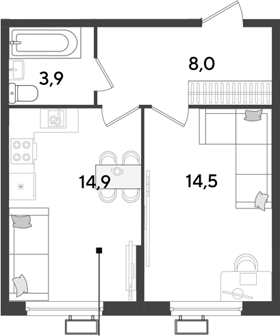 1-комн., 41.3 м², 2/9 этаж, ЖК «Парк Победы»