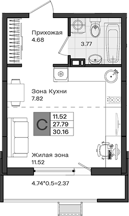 Студия, 27.79 м², 4/8 этаж, ЖК «МОНО квартал»