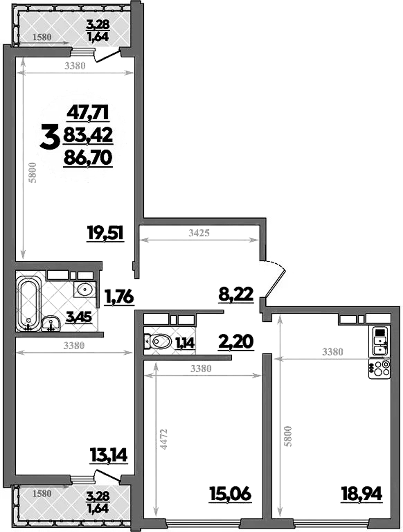 3-комн., 83.42 м², 11/12 этаж, ЖК «Предгорье Лаго-Наки»