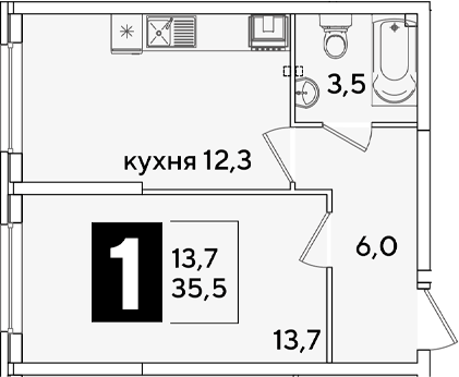 1-комн., 35.5 м², 1/16 этаж, ЖК «Самолет»