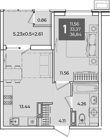 1-комн., 33.37 м², 18/18 этаж, ЖК «Образцово»