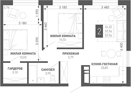 Продается 2-комн. квартира, 59.5 м²