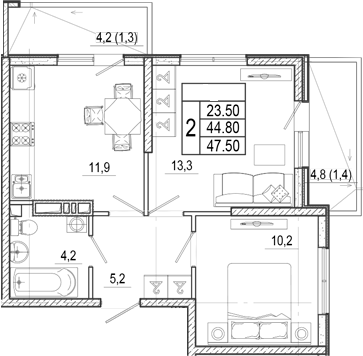 2-комн., 44.8 м², 6/17 этаж, ЖК «Лестория»